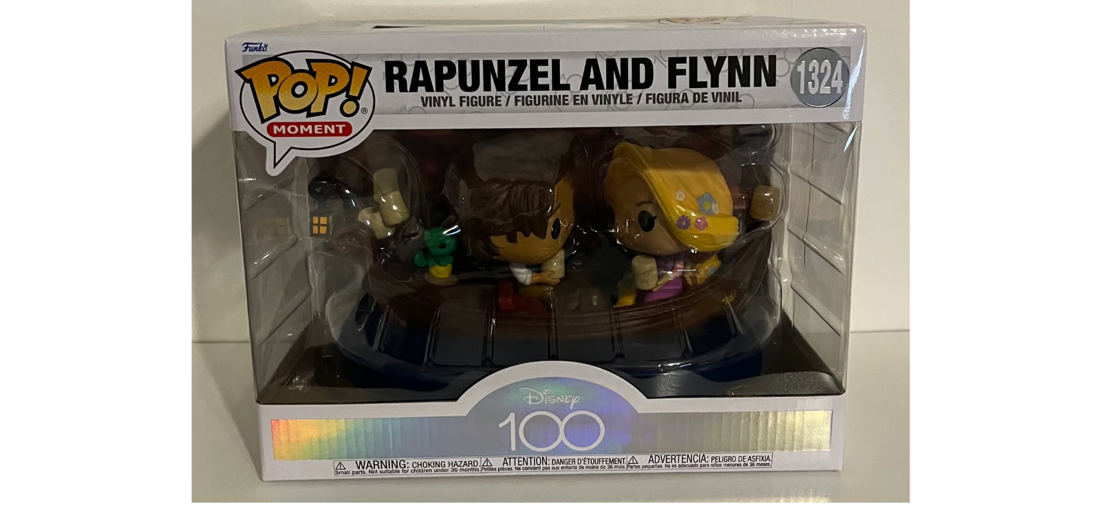 Rapunzel and Flynn #1324 Disney's 100th W2 Funko Pop Moment Moment box and figure